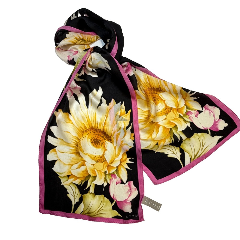 ECHO 100% Silk Scarf Sunflowers Floral Black Pink Yellow Long 56"x11"